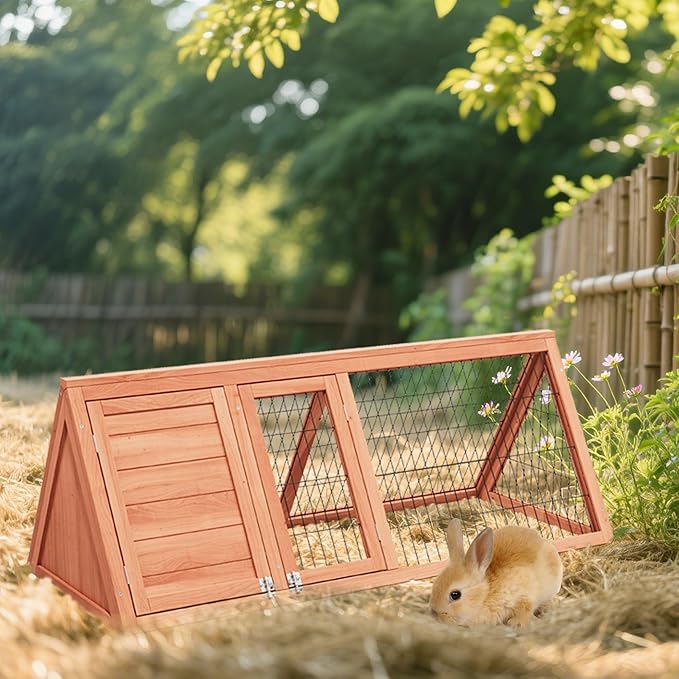 Bunny Cage Outdoor, Wooden Chicken Coop, Portable Chicken Run, Triangle Quail Coop with Ventilating Wire Poultry Hutch for Small Animals (Natural Wood)