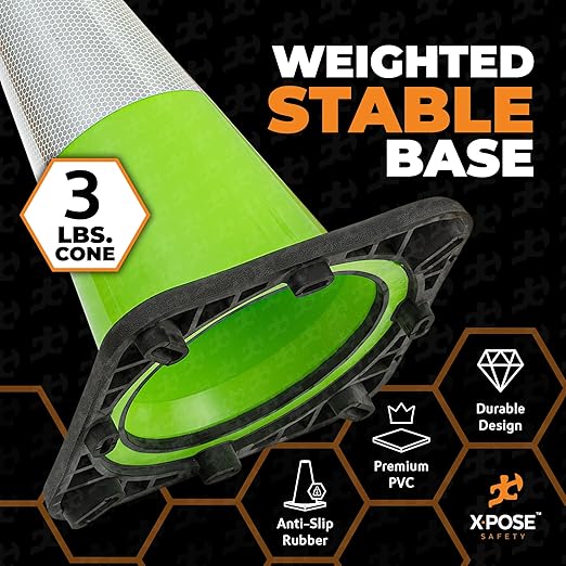 Xpose Safety 18” Lime Green Traffic Cone - 6" Reflective Collar – 48 Pack Multipurpose Premium PVC Safety Cone for Parking, Caution, Construction, Road Crews, Emergency Vehicle - DOT Approved