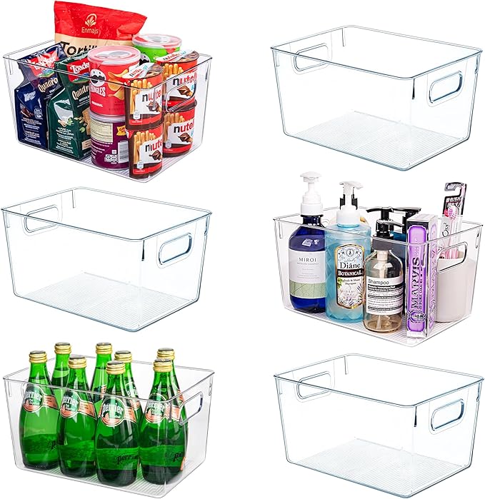 Clear Plastic Storage Bins-6 Pack Large Pantry Organizers and Storage Containers for Kitchen, Bathroom, Under-Sink, Office, Closet, Garage, Freezer and Snack