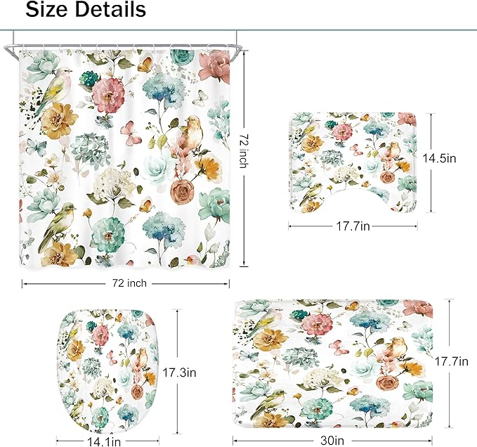 4 PCS Green Floral Birds Bathroom Set with Shower Curtain and Rugs 72Wx72H Inch Classical Watercolor Non-Slip Bath Rug Toilet Lid Cover and U Shape Mat Accessories 12 Hooks Bathoom Decor