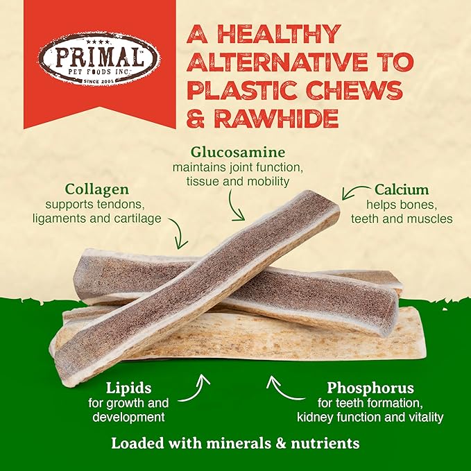 Primal Antlers for Dogs, Grade A Split Stag Antlers for Large Canines 45-60 lb, Natural Chews for Aggressive Chewers, Naturally Shed, Long Lasting Dog Bones, 1 ct