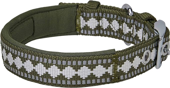 Blueberry Pet Reflective Jacquard Dog Collar with Neoprene Padding & Metal Buckle | Soft & Adjustable Safety Collar - Olive, Neck 9-12.5", for Small Breed