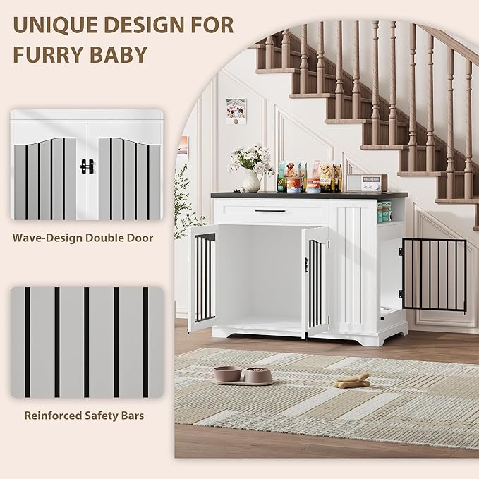 Dog Crate, 44 Inch Dog Crate Furniture End Table, Built-in Feeder Dog Kennel Indoor Kennel, Drawer Storage Small Dog Crate Dog Kennel Furniture Large Dog Crate, White + Walnut Wood