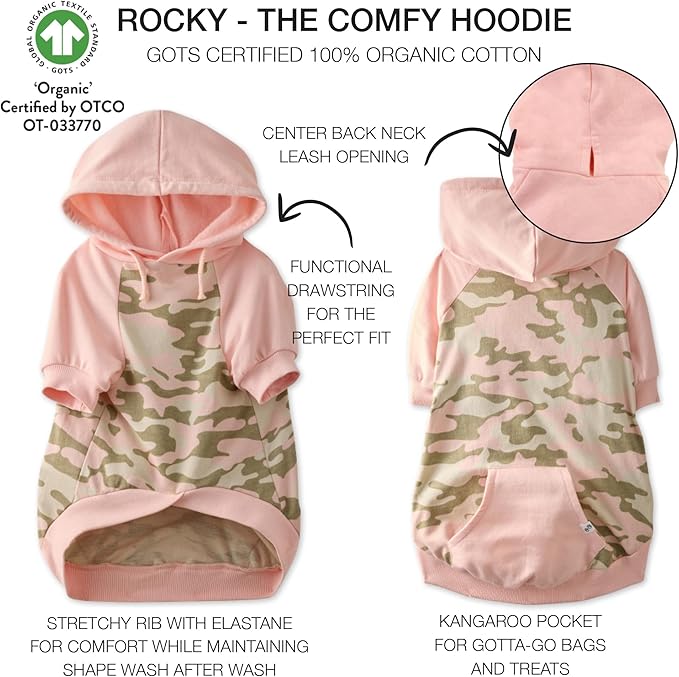 Rocky – The Orginal Lightweight Hooded TEE 100% Organic Cotton Dog Hoodie Pet Coat Sweater for Small, Medium, Large Dogs, Pink Half Camo, X-Large