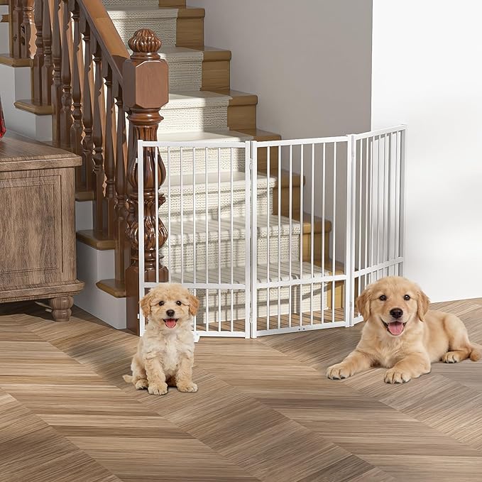 Full Metal Freestanding Dog Gate with Door, 36''Height Foldable Pet Dog Fence for Indoor & Outdoor, 3 Panels Extra Wide Free Standing TallDog Gates for Doorways,House,Stairs,Porch,Deck,Yard