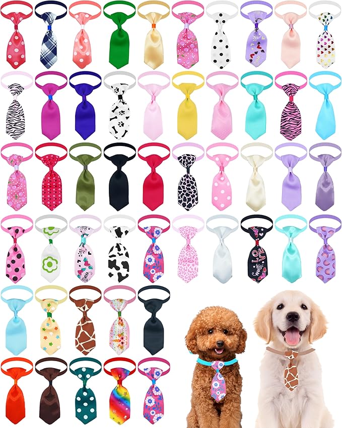 PET SHOW 50 Pack Small Dog Ties Bulk with Adjustable Collar Assorted Cute Neckties Puppy Bowties for Party Holiday Wedding Cats Neck Attachment Pet Grooming Accessories