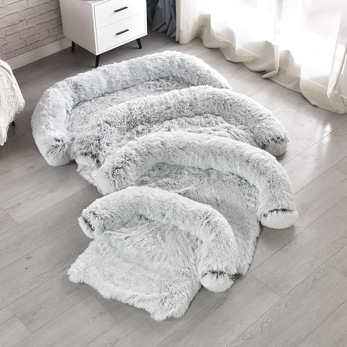 Yapudoo Plush Dog Bed Sofa Cover, Deluxe Plush Soft Pet Couch Protector Pet Beds, Couch Cover for Large Dogs, Removable Washable Anti-Slip Pet Bed with Memory Foam Neck Bolster Silver Gray Large