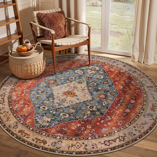 SERISSA Boho Round Area Rug, 4ft Washable Non-Slip Circle Rug, Ultra Soft