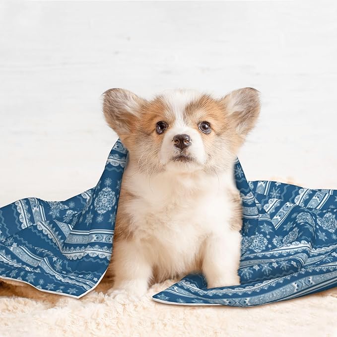 Boho Blanket for Pet - Blue White Snowflake Throw Blanket 23x16 Bohemian Couch Blankets for Puppy Dogs Cats