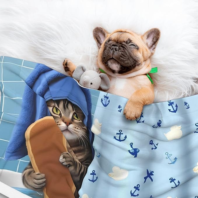 Waterproof Dog Blanket Soft Pet Blanket for Puppy, Fleece Cat Throw Blankets for Furniture Bed Couch Sofa Reversible - Funny Cat Taking a Bath