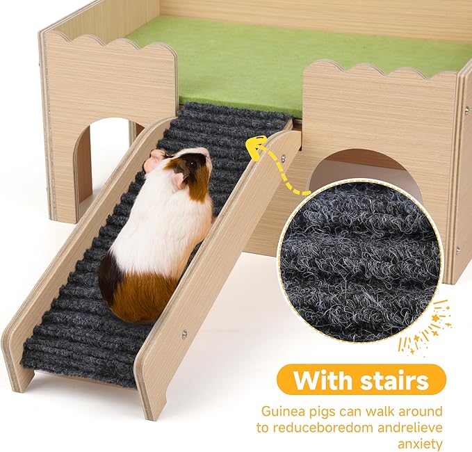 Wooden Guinea Pig Hideout Castle with Stairs,Small Animal Bed Hut Habitats Spacious 2-Level Detachable Small Pet House for Rabbits, Hamsters & Chinchillas Bunny (Green)