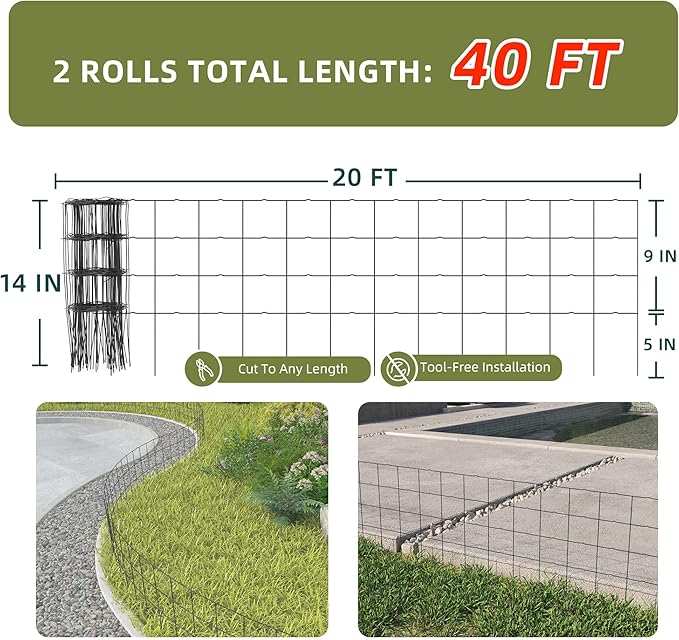 Decorative Garden Fence Border Rolls, Total 14 in x 40 ft 2 Pack Metal Folding Flat Wire Fencing for Yard, Black PVC Coated Outdoor Patio Landscape Flower Bed Edging