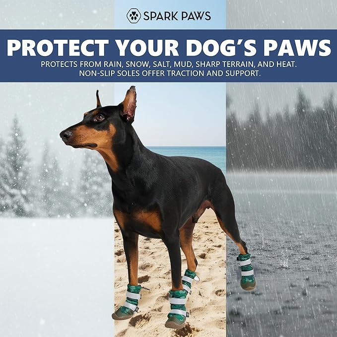 Spark Paws Dog Shoes, Waterproof Dog Boots for Medium to Large Dogs, Non Slip, Breathable Dog Booties and Paw Protectors - 4PCS Doggie Hiking Boots with Reflective Straps, Green Camo, Size 4