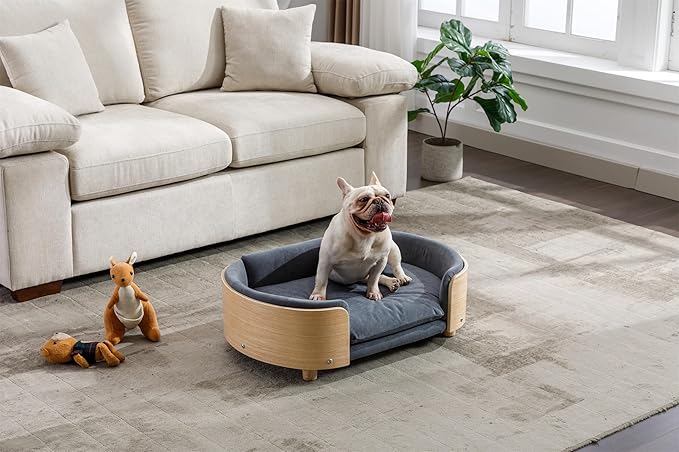 Dog Crate Furniture Elevated Dog Bed with Solid Wood Legs and Bent Wood Back, Mid Size Pet Sofa Kennel Indoor Cage House for Medium Dogs,Darkgrey