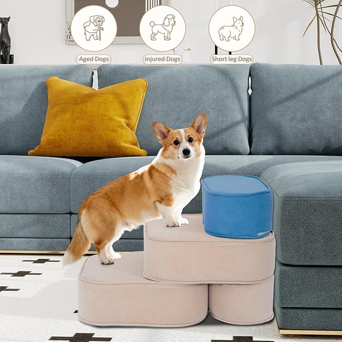 Dog Stairs for Small Dogs, 3 Step Dog Stair for High Bed and Couch, Non-Slip High Density Foam Sturdy Pet Steps with Removable Washable Cover for Older Cat