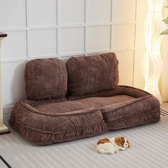 Human Dog Bed for Adult and Kids, Comfy Foldable Lazy Floor Sofa Bed with 5 Adjustable Position, Grey Upholstered Floor Bean Bag Lounger Chair for Bedroom, Living Room,Office (Brown)
