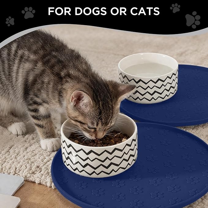 Comtim Waterproof Dog Food Mat - 2 Pack Silicone Pet Food Mat Dog Food Bowl Mats Cat Water Mats Eating Tray, Non-Slip Pet Placemat with Lip for Messy Drinkers to Protect Floor,Navy Blue 11"×11"