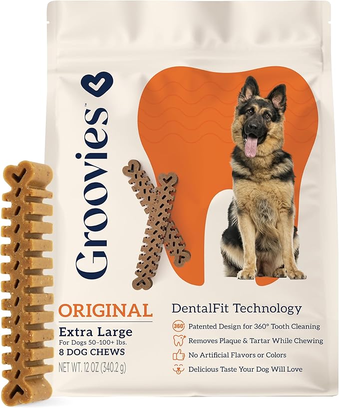 Groovies Flexible Dog Dental Chews with Patented DentalFit Technology to Help Support Tartar Control & Fresh Breath, X-Large Dog Chews for 50-100 lb Dogs, USA Manufactured Oral Care, 8 Chews