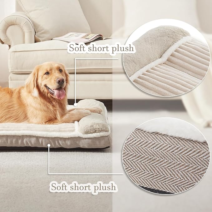 Dog Bed for Large Dogs, Dog Mattress with Pillow for Crate Kennel, Sofa pet Bed, Super Soft pet Bed for Medium, Jumbo, Small Dogs Breeds (Beige, X-Large:(40"x28"x3.5")