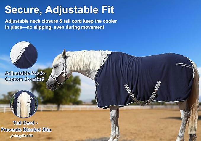 Horse Fleece Cooler, Blanket Liner - 300g Anti-Pilling Fleece, Moisture-Wicking, Cooling & Drying for Post-Workout, Bath & Travel, Prevent Overheating & Chilling Navy 69