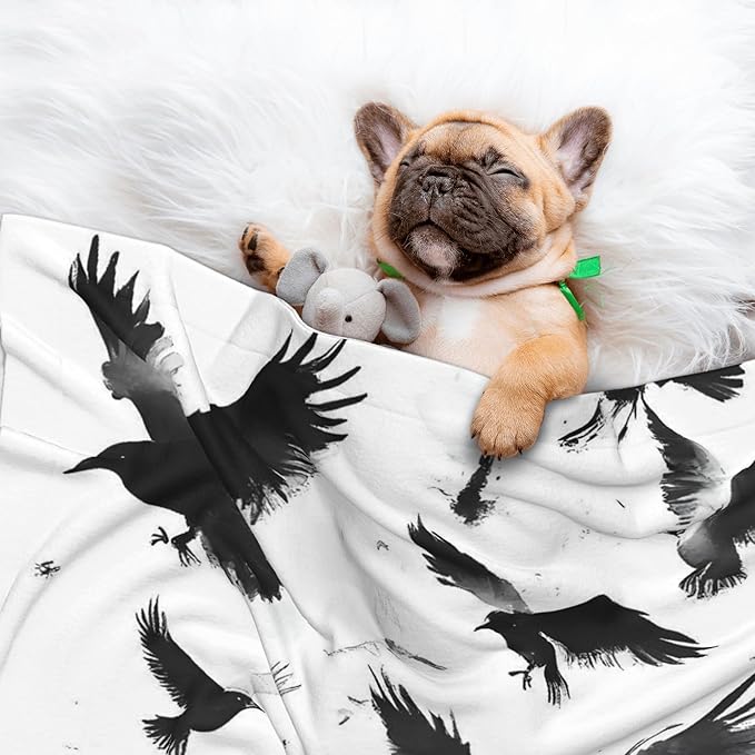 Waterproof Dog Blanket Soft Pet Blanket for Puppy Cat, Fleece Cat Throw Blankets for Furniture Bed Couch Sofa Reversible - Monochrome Flying Ravens
