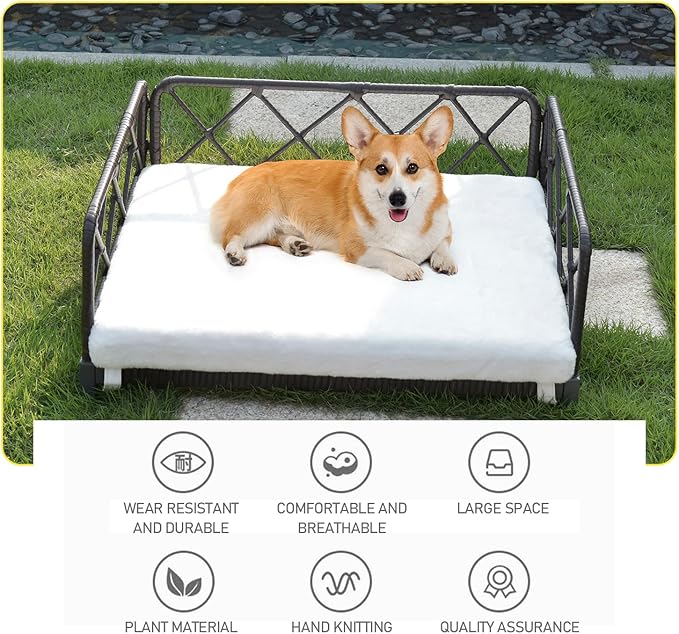 Boho Rattan Dog Bed, Pet Sofa Couch Bed with Removable Cushions - Indoor/Outdoor Durable Pet Furniture for Small/Medium Dogs (Black)