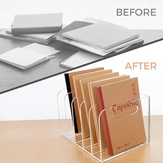 Clear Acrylic Organizers - 5 Vertical Compartments Acrylic Folder Organizer & File Organizer, Desk Document Storage Bins for Magazines, Binders - Multipurpose Home Office Desk Organizer