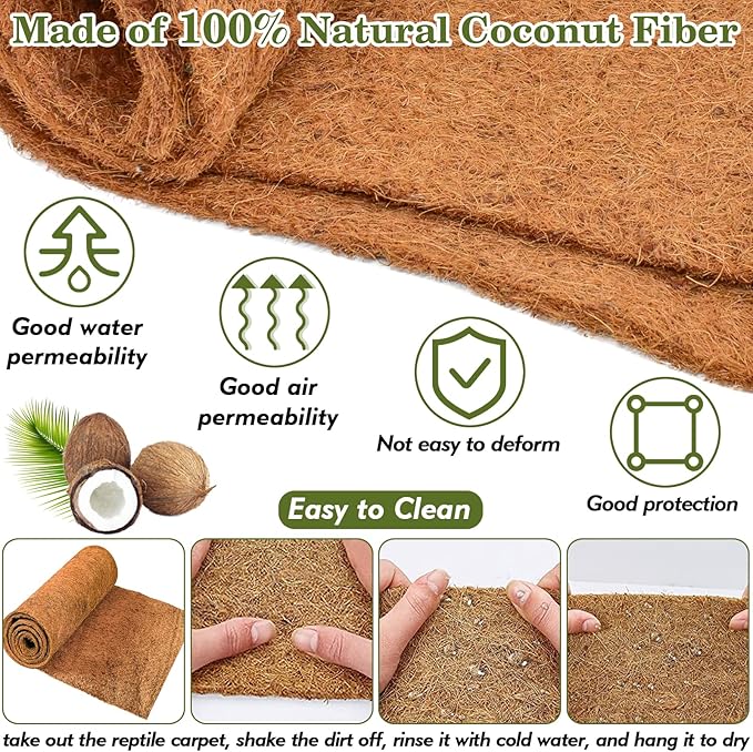ZeeDix 3 Rolls Reptile Mat, 12 x 20 inches Natural Coconut Fiber Liner Mat Flooring Accessories for Reptile Tank - Bearded Dragon Tortoise Lizard Turtle Snake Leopard Gecko Substrate Bedding