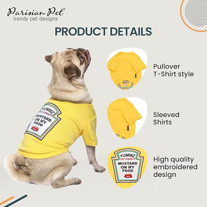 Parisian Pet Dog Shirt - Embroidered “Mustard on My Food“ - 100% Cotton and Polyester Dog Clothes - Sleeved, Lightweight Costume for Dogs - Yellow Dog Shirts for Large Dogs - Pet Costumes - 2XL