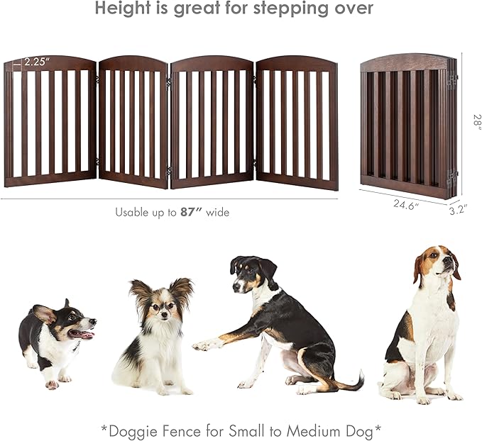 SPIRICH 96" Extra Wide 28" Tall Dog Gate Indoor, Dog Gates for Doorways, Stairs, The House, Wooden Freestanding Foldable Pet Gate, Step Over Puppy Gate, 4 Panels, Brown