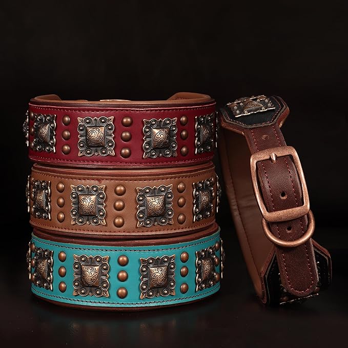 PET ARTIST Upgrade Padded Leather Dog Collar, 2 inch Wide Genuine Leather Dog Collars with Strong Studded Rivet & Metal Buckle, Adjustable Large Dog Collar for Pit Bull Doberman,Brown,Neck 19-22"