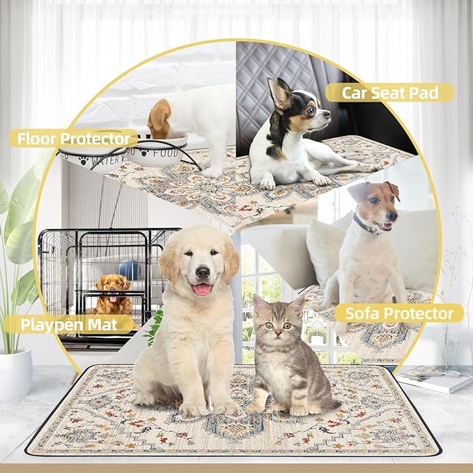 Washable Pee Pad for Dogs, 32" x 24" Reusable Puppy Pads Waterproof Dog Rugs, Super Absorbent, Leakproof, Dog Crate Pad, Playpen Mat, Whelping Pads, White Medallion
