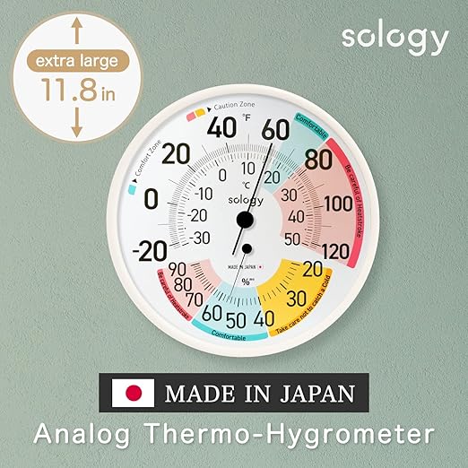 sology Analog Thermo-Hygrometer, Thermometer, Hygrometer, Large, Made in Japan, High Accuracy, No Batteries Required, Indoor, Easy to See, Analog, Comfort Zone, Caution Zone, Wall Hanging, White