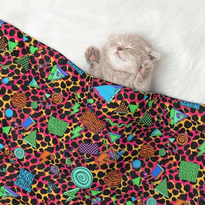 Double Sided Plush Pet Blanket with Cozy Dot Texture, Geometric Checkered Zebra Tiger Leopard Print Hot Pink Vintage Retro 80S 90S, Reversible for Dogs Cats on Couches Beds