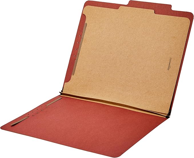 Amazon Basics Classification Folder- 100% Recycled, 1 Divider, 2" Embedded, 10 Count per Box, 12.09 x 10.63 inch (Letter), Red