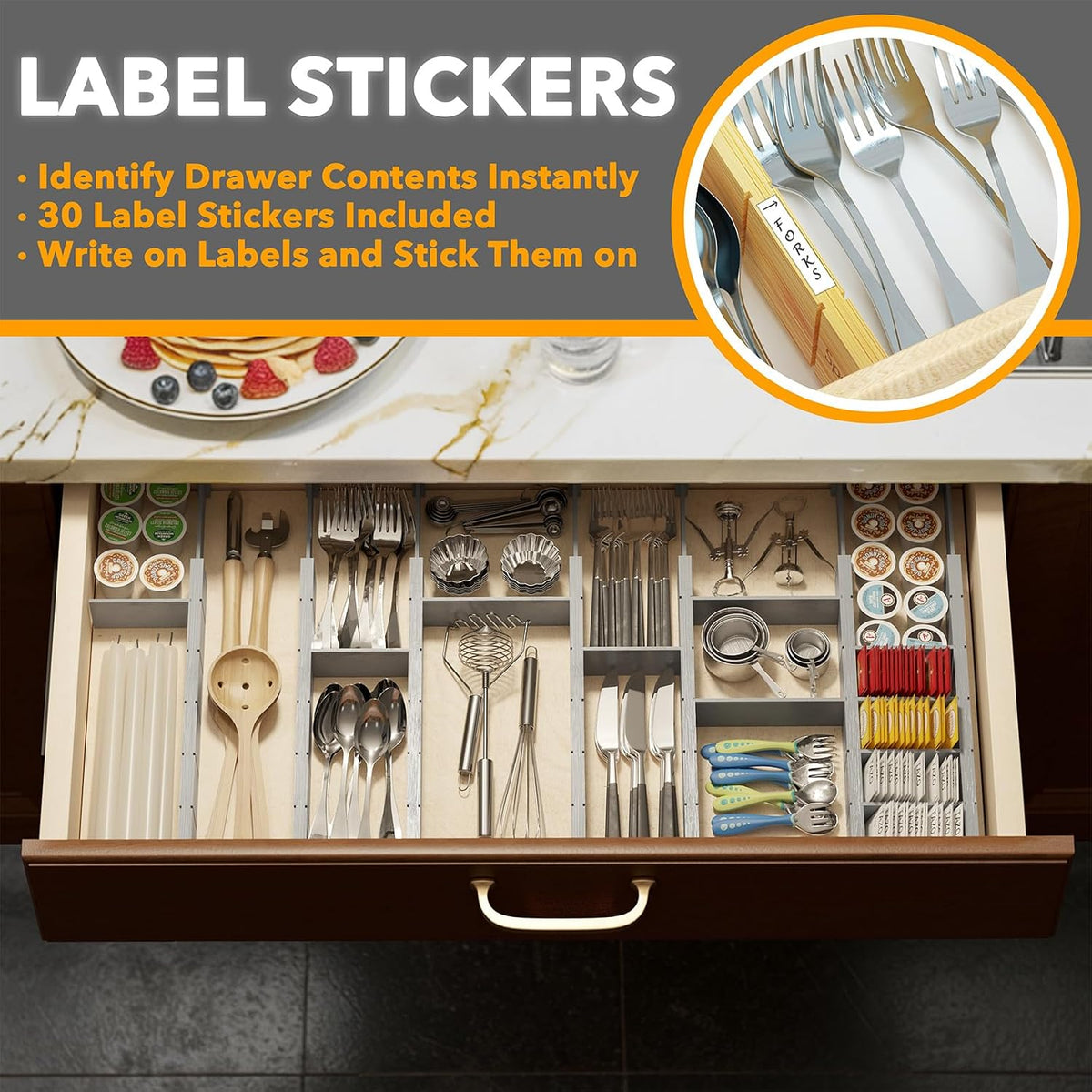 SpaceAid Bamboo Drawer Dividers with Inserts and Labels, Kitchen Adjustable Drawer Organizers, Expandable Organization for Home, Office, Dressers, 7 Dividers with 15 Inserts (17"-22" Gray)