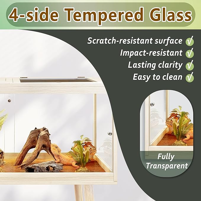 PROLEE Tempered Glass Reptile Enclosure with Leg,40“ Scratch-Proof Bearded Dragon Tank,62 Gallon Lizard Tank with Metal Mesh Tops and Lockable Door,Spacious Reptile Habitat for Snake,Lizard (Oak)