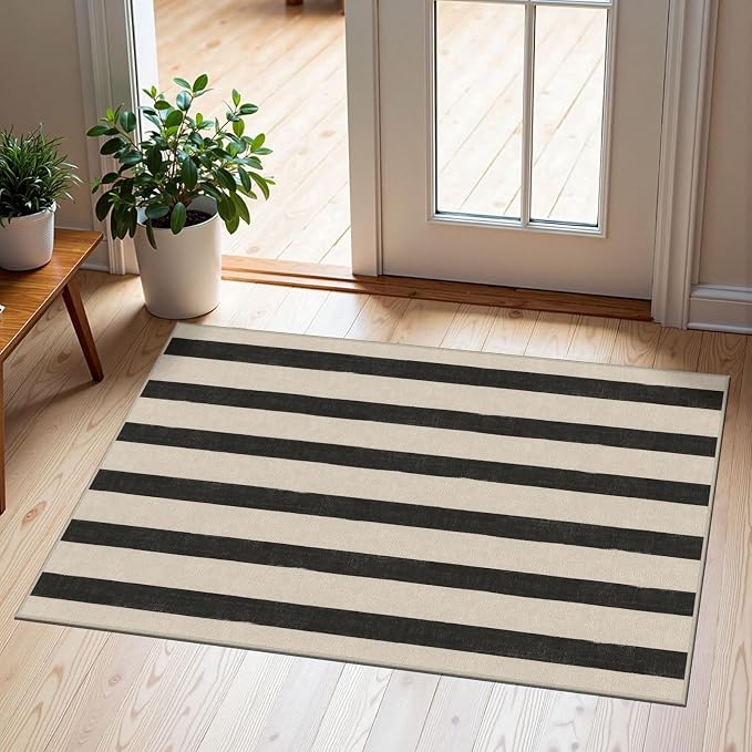 Black and White Striped Outdoor Rug