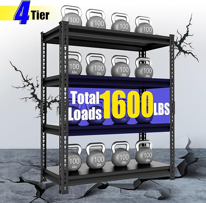 40" W Garage Shelving Heavy Duty, 1600 Lbs Loads Garage Storage Shelves Heavy Duty, 4-Tier Metal Shelving Units and Storage for Basement, Retiple Tanks,40" Wx16 Dx72 H, Black