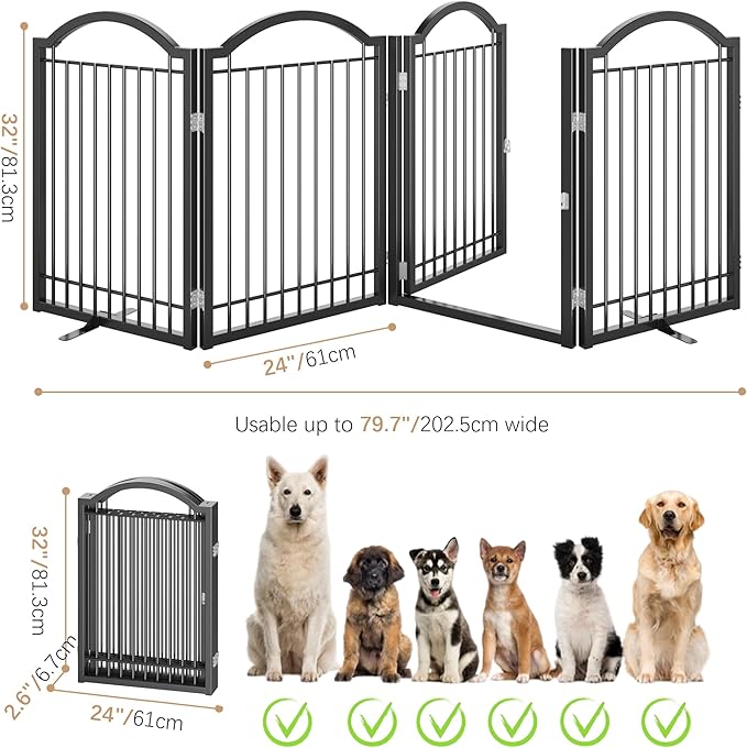 BHG Metal No-Assembly Freestanding Dog Gate with Door Walk Through, Extra Wide 96", Extra Tall 32" Pet Gate, Accordion Puppy Folding Playpen Dog Fence, with 2PCS Support (Black, 4 Panels)