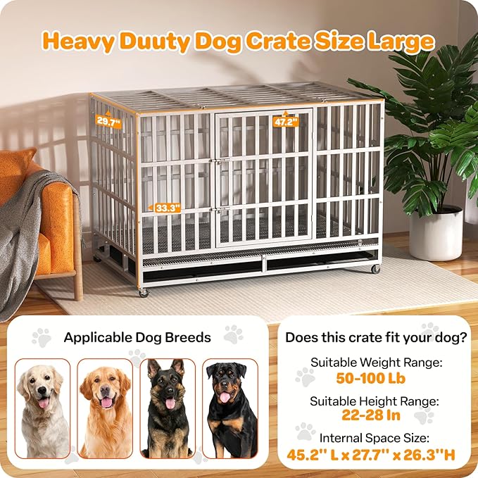 48 Inch Heavy Duty Dog Crate, Indestructible Escape-Proof Dog Kennel for High Anxiety Large Dogs, Strong Metal Pet Cage with Double Doors, Lockable Wheels & Removable Tray, XL XXL XXXL