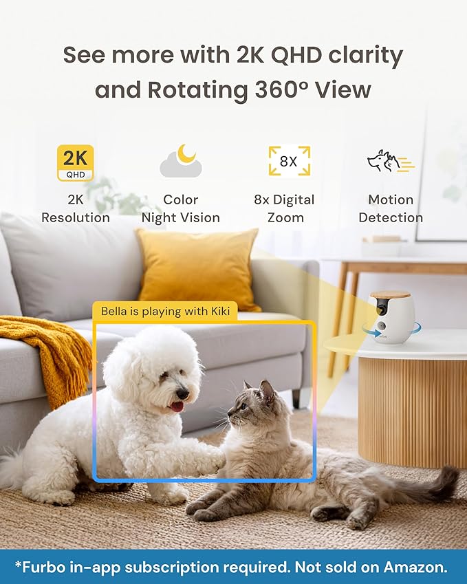 Furbo Mini 360° [Subscription Required] New 2K QHD Pet Camera - Unlock w/Paid Plan: Dog & Cat Safety Alerts, Rotating Treat Toss, 2-Way Speaker (Low Risk, 3mo Min. Cancel Anytime)