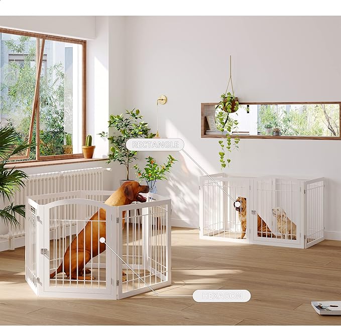 JSB 144-inch Extra Wide 30-inch Tall Dog gate with Door Walk Through, Freestanding Pet Gate for Halls, Stairs & Home, Pet Puppy Safety Dog Fence with 2PCS Support Feet (White)