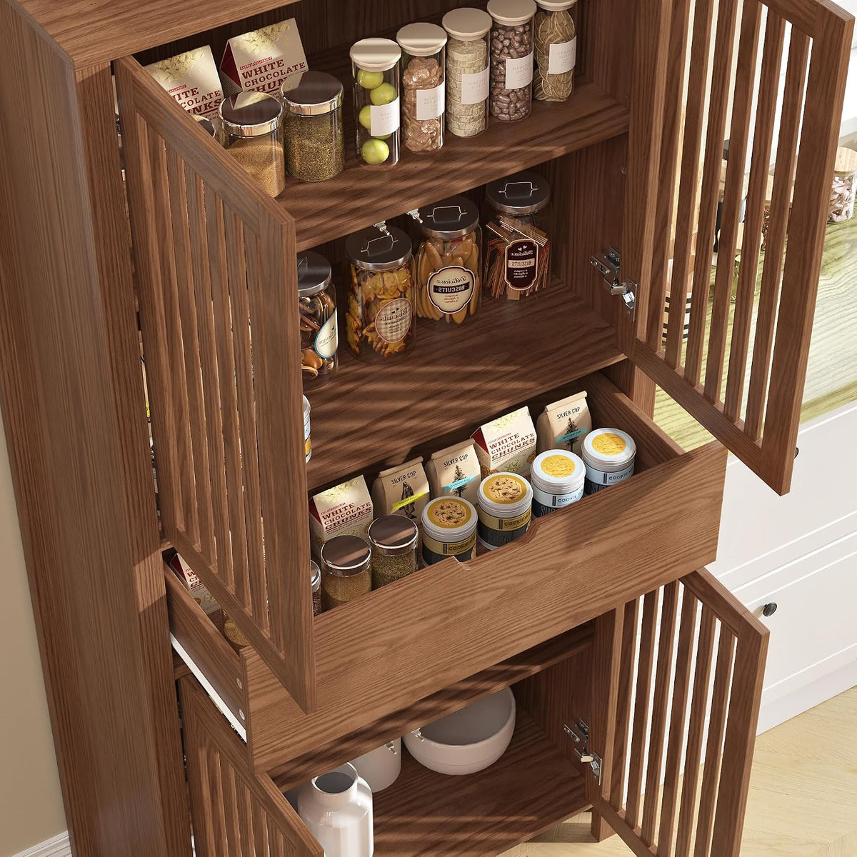 BVIUNTWO Set of 3 Rustic Brown 69" Tall Farmhouse Storage Cabinet with Drawer & Adjustable Shelves, Grille Door Organizer Unit, Anti-Tip Design for Bathroom,Kitchen,Living Room