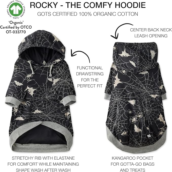 Rocky – The Orginal Lightweight Hooded TEE 100% Organic Cotton Dog Hoodie Pet Coat Sweater for Small, Medium, Large Dogs, Batty Black, X-Small