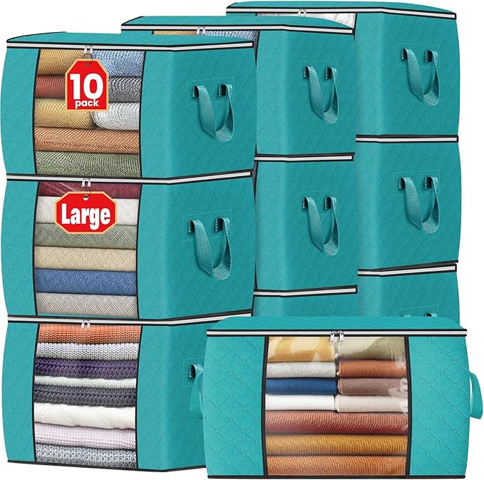 Fab totes 24 Gallons Clothes Storage, Foldable Thick Fabric Blanket Storage Bags, Containers for Organizing Bedroom, Closet, Clothing, Comforter, Organization with Handle (10 Pack,Green)