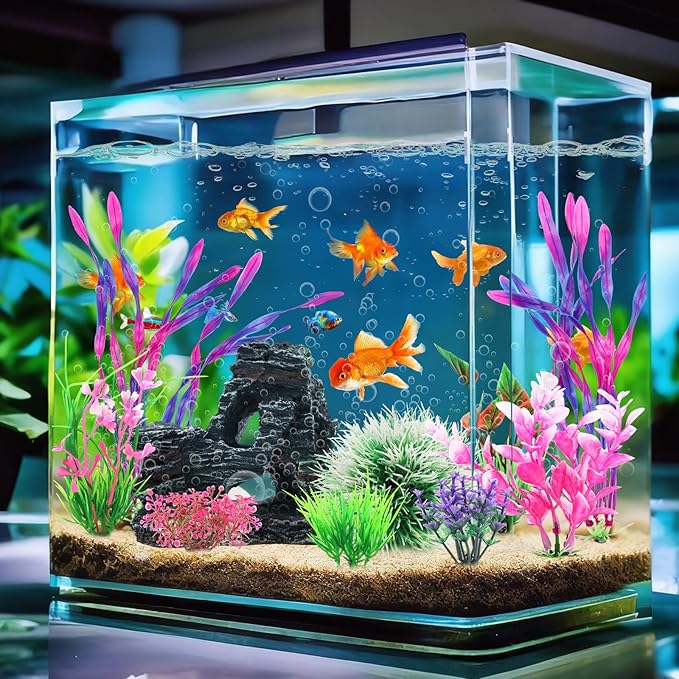 Fish Tank Accessories, Aquarium Fish Tank Plastic Plants and Cave Rock Decorations Set 10 Pieces, Small and Large Artificial Aquarium Plants with Cave Rock