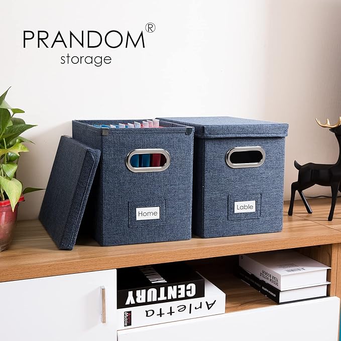 PRANDOM File Organizer Box - Set of 1 Collapsible Decorative Linen Filing Storage Hanging File Folders with Lids Office Cabinet Letter Size Navy Blue (14x9.3x10.8 inch)