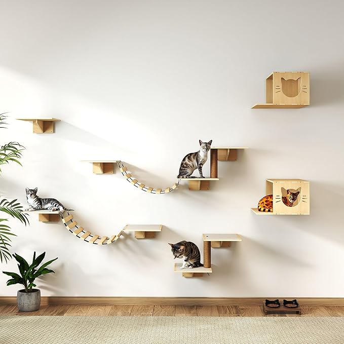 Cat Wall Shelves, Wood 8-in-1 Cat Wall Furniture Set, Large Cat Shelves for Wall with Scratching Post, Cat Climbing Wall Activity Center for Climb, Play, Rest, and Scratch, Natural Wood