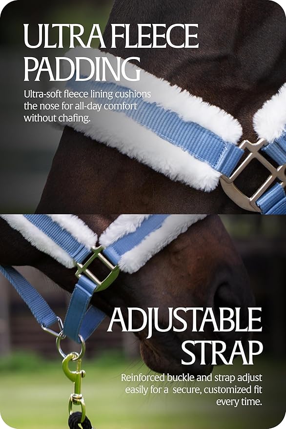 Equinavia Valkyrie Ultra Fleece Breakaway Horse Halter | Padded Fleece Adjustable Safety Halter with Nylon Webbing - Forever Blue/White - Cob